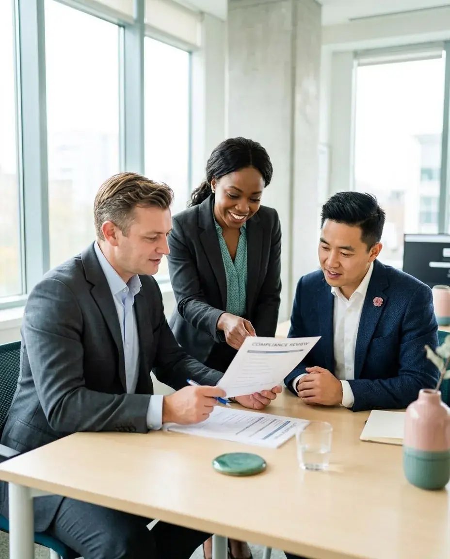 A diverse team of compliance professionals reviewing evidence together