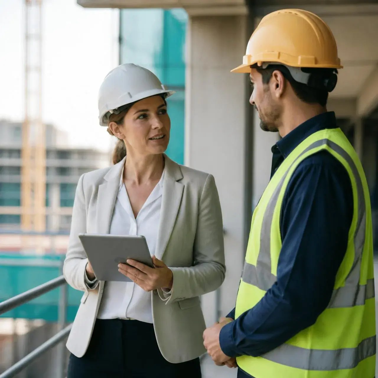 A Compliance.One auditor reviewing labour supply chain records with a site worker