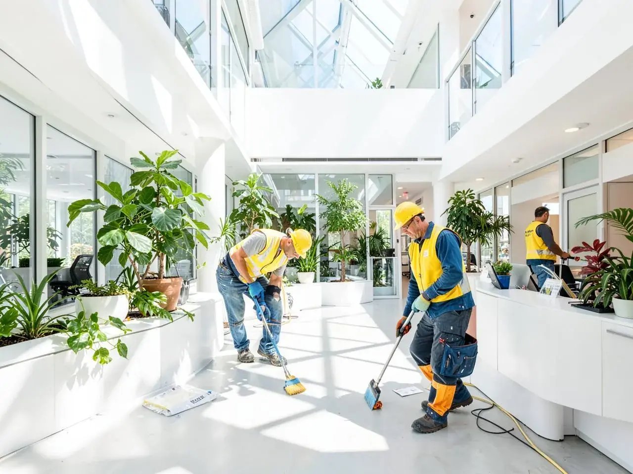 Facilities staff cleaning a bright office lobby