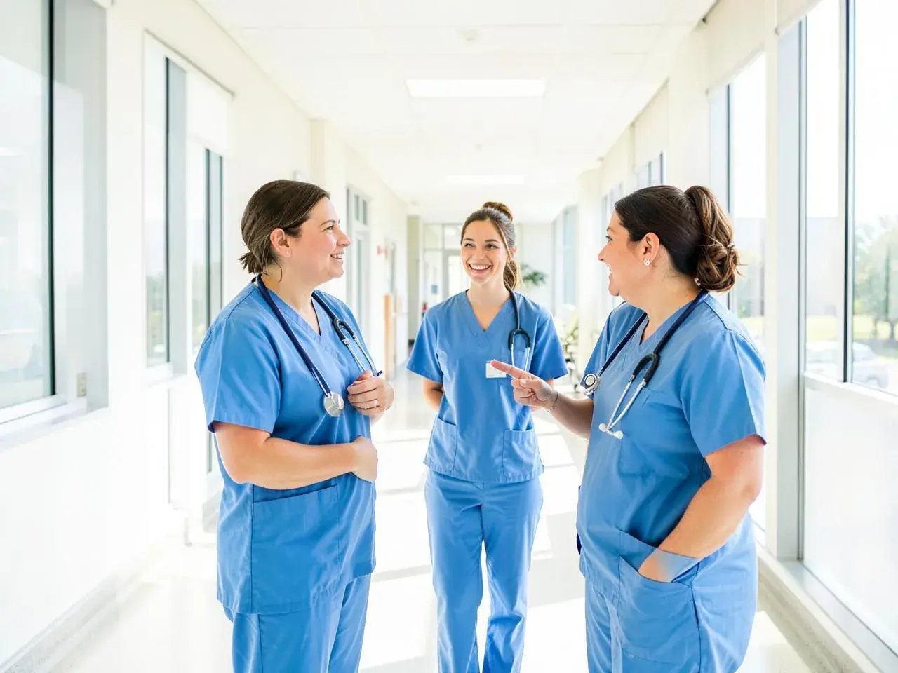 Three healthcare professionals talking in a hospital corridor