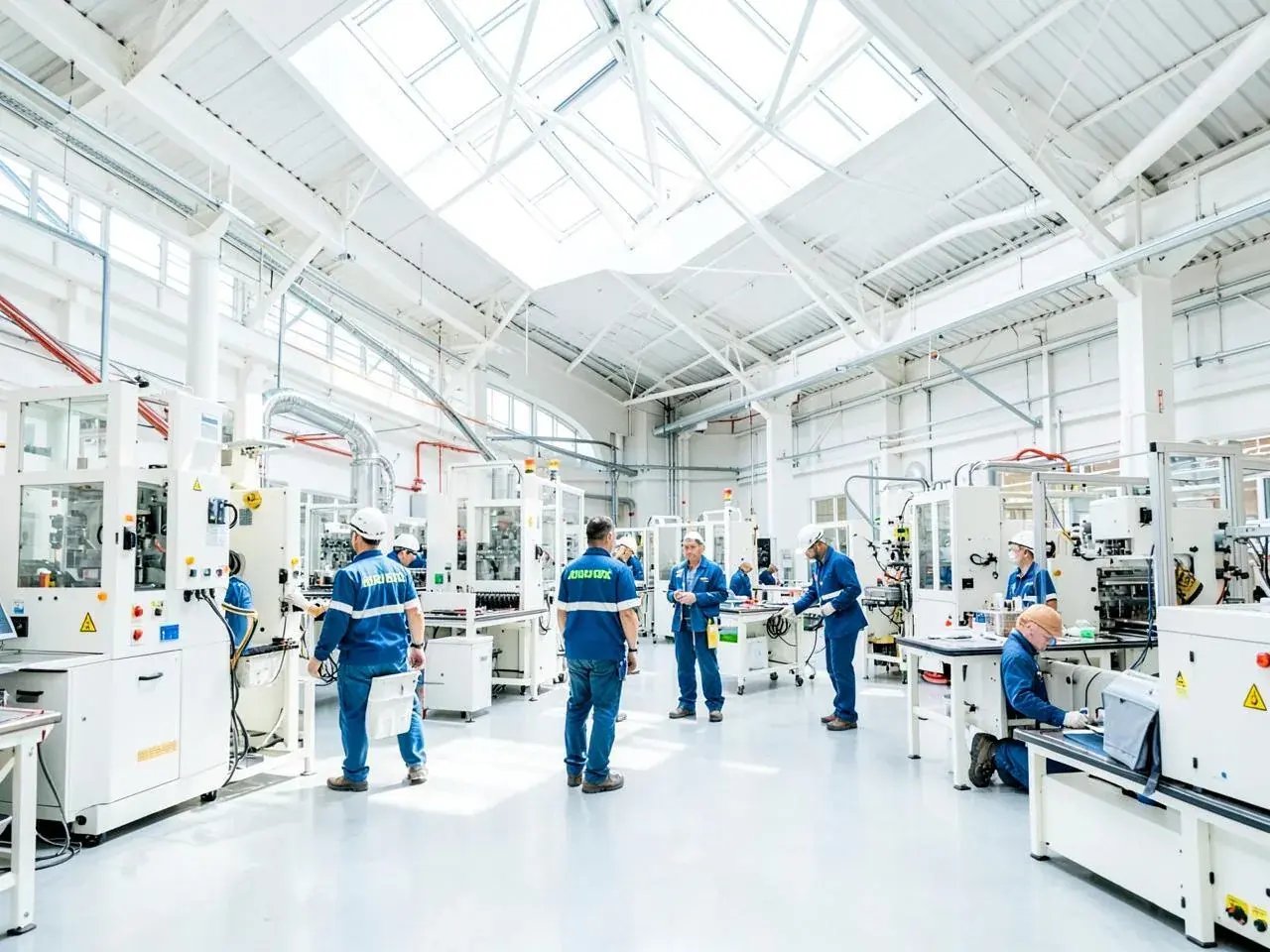 Factory workers operating machinery on a production floor