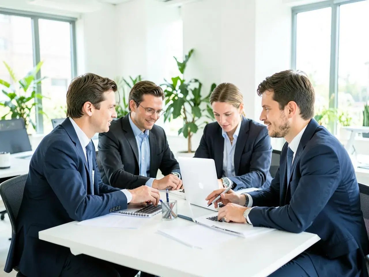 Four business professionals collaborating around laptops