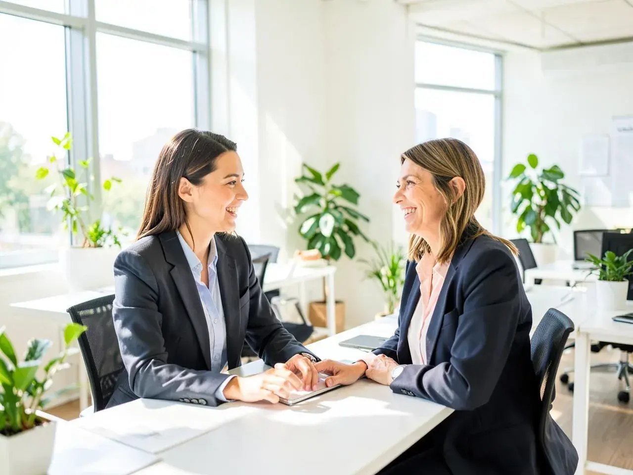 Two professionals meeting across a desk in an office